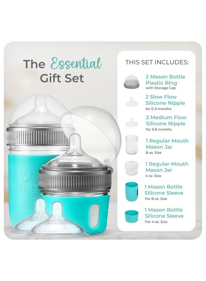 Mason Bottle Mason Bottle Baby Glass Bottle Gift Set - Includes 8oz & 4oz Feeding Bottles, Slow & Medium Flow Nipples, Silicone Sleeves, Caps and Rings - BPA-Free, Non-Toxic, Anti-Colic - Image 1