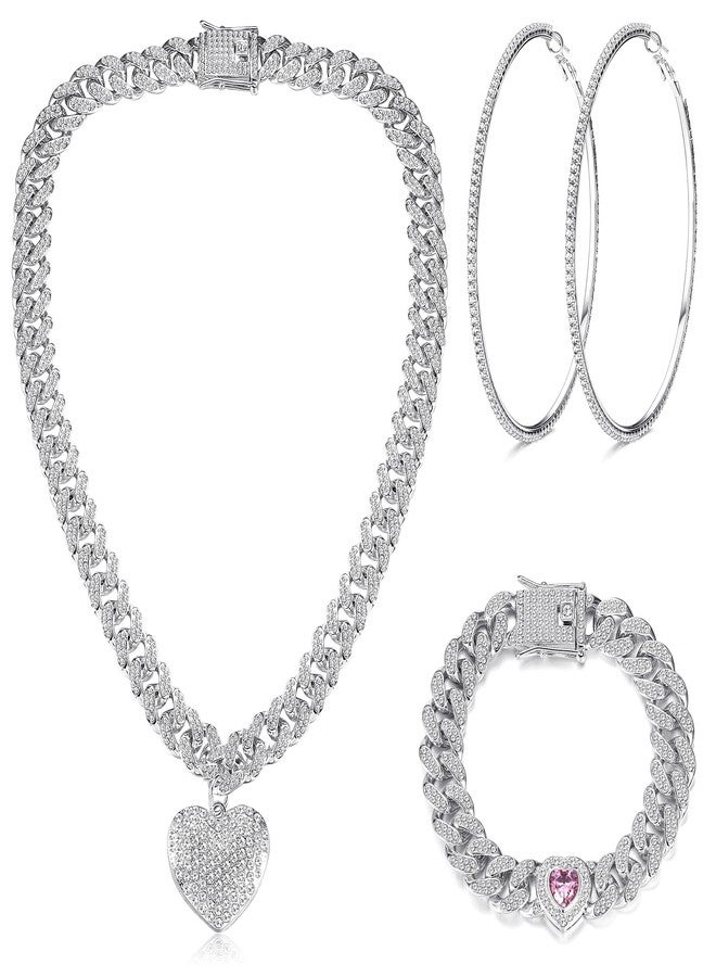ORAZIO Cuban Link Chain Necklace Bracelet Rhinestone Hoop Earrings Set Silver60, Necklace Length:60CM, Cubic Zirconia, Cubic Zirconia - Image 1
