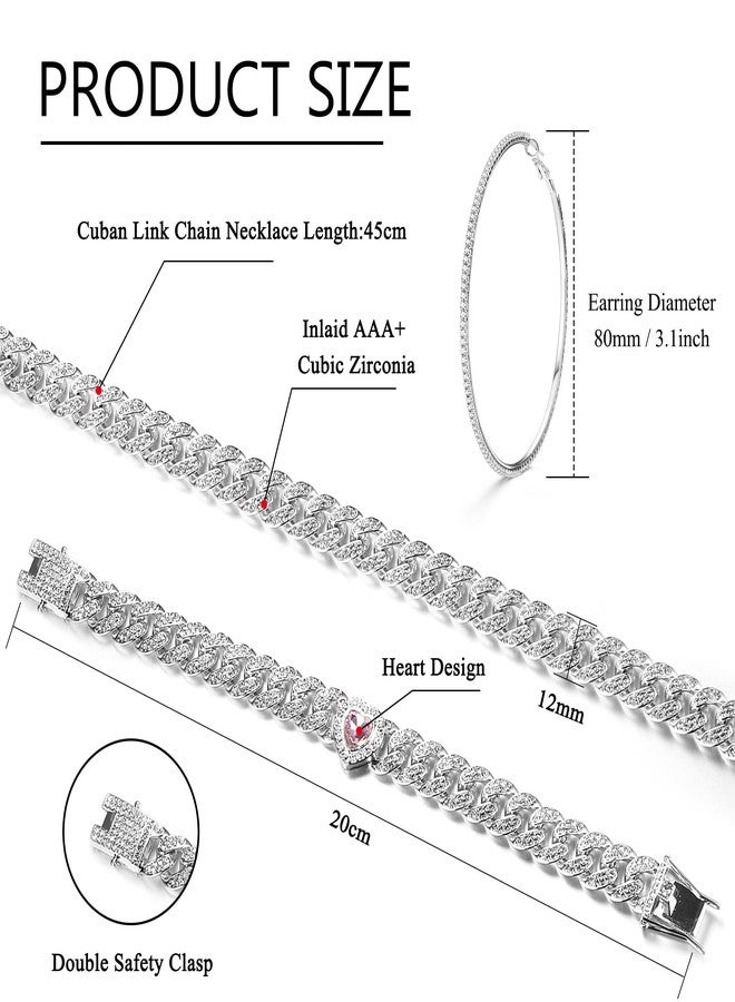 ORAZIO Cuban Link Chain Necklace Bracelet Rhinestone Hoop Earrings Set Silver60, Necklace Length:60CM, Cubic Zirconia, Cubic Zirconia - Image 2