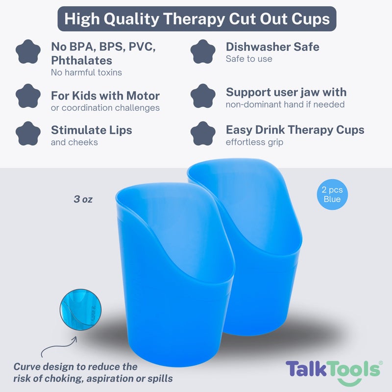 TalkTools TalkTools Cut Out Cups - Motor and Coordination Support | Drinking Glass for Stable and Fixed Position | Special Drinking and Therapy Training Cup | Easy to Grip and Sipping | 3 oz Blue (2 Pk)  - Image 2