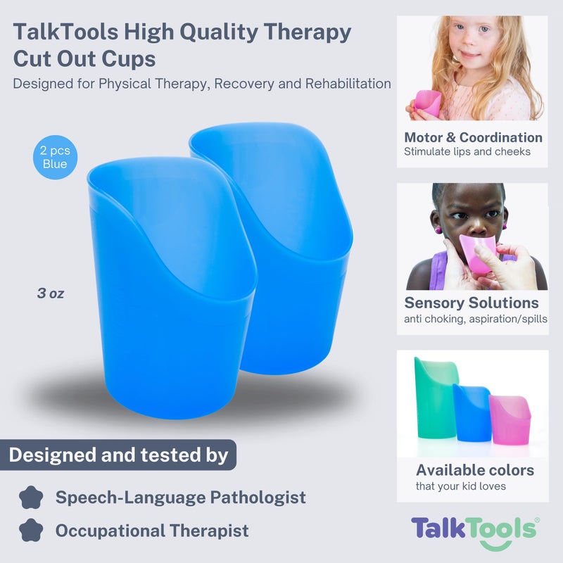 TalkTools TalkTools Cut Out Cups - Motor and Coordination Support | Drinking Glass for Stable and Fixed Position | Special Drinking and Therapy Training Cup | Easy to Grip and Sipping | 3 oz Blue (2 Pk)  - Image 3