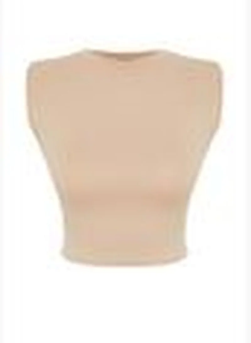 trendyol Mink Padded Fitted Crew Neck Crop Stretchy Knitted Blouse