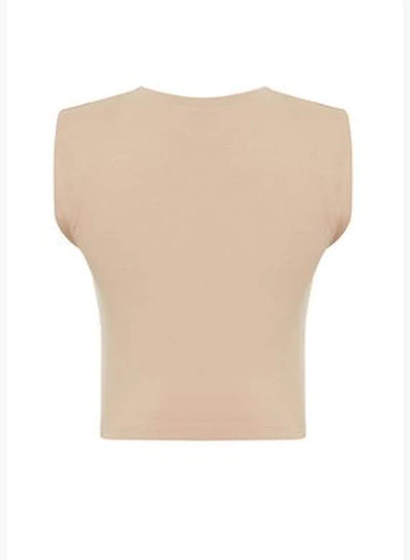trendyol Mink Padded Fitted Crew Neck Crop Stretchy Knitted Blouse