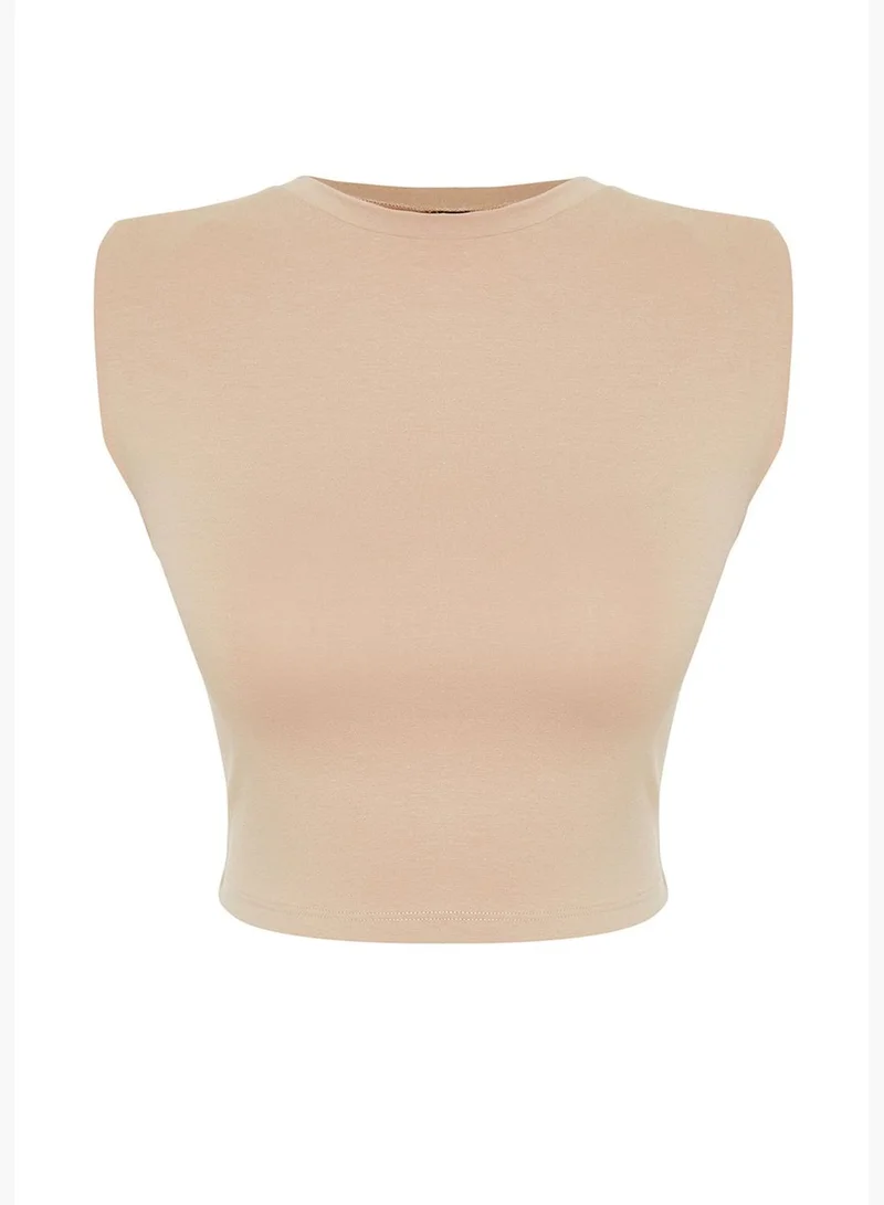 trendyol Mink Padded Fitted Crew Neck Crop Stretchy Knitted Blouse