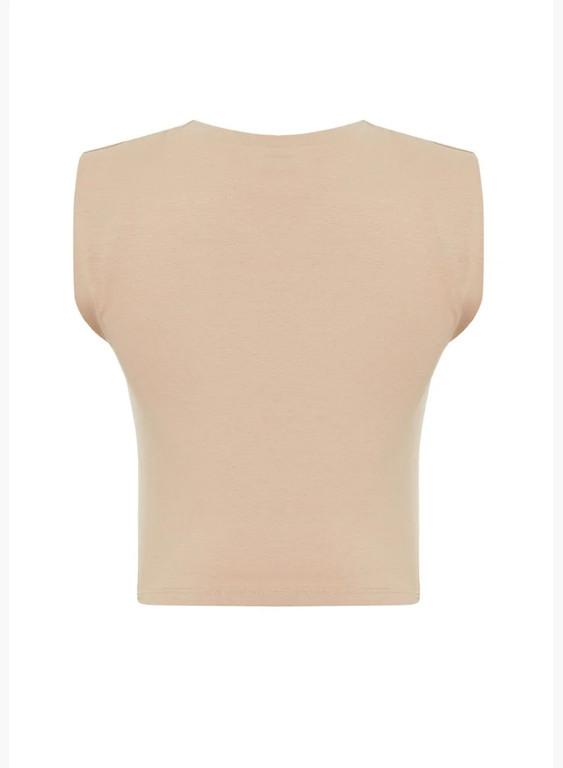 trendyol Mink Padded Fitted Crew Neck Crop Stretchy Knitted Blouse