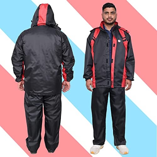 HACER Upgraded Raincoat Set Snap Closure Water Resistant Rain Gear with Carrying Pouch Drawstring Hem Foldable Hood Pant (XXL, Black & Red) - Image 4