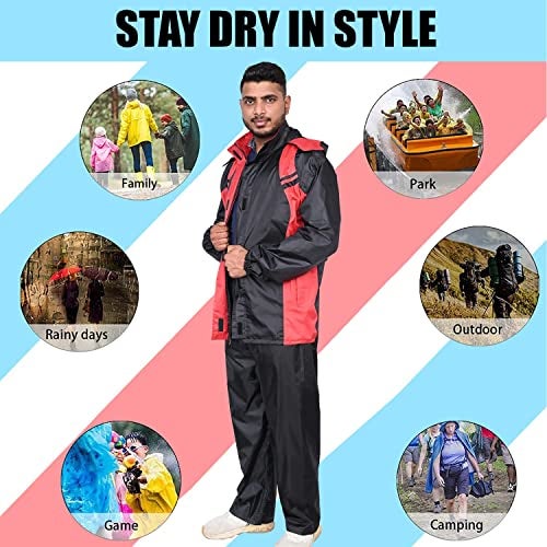 HACER Upgraded Raincoat Set Snap Closure Water Resistant Rain Gear with Carrying Pouch Drawstring Hem Foldable Hood Pant (XXL, Black & Red) - Image 3