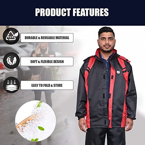HACER Upgraded Raincoat Set Snap Closure Water Resistant Rain Gear with Carrying Pouch Drawstring Hem Foldable Hood Pant (XXL, Black & Red) - Image 5