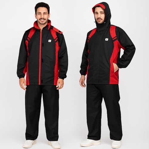HACER Upgraded Raincoat Set Snap Closure Water Resistant Rain Gear with Carrying Pouch Drawstring Hem Foldable Hood Pant (XXL, Black & Red) - Image 1