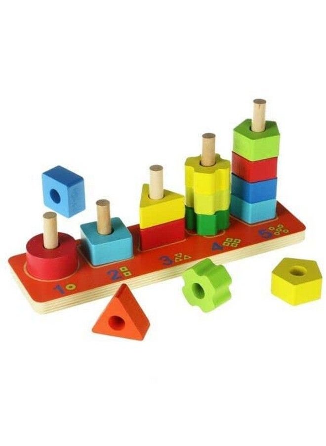 Smoneo - Wooden Geometric Shapes Stacking And Sorting Toy For 3+ Kids; Montessori Color Recognition Educational Learning Game (5 Shapes Multicolor) - Image 1