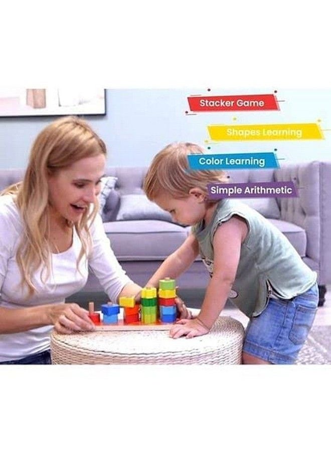 Smoneo - Wooden Geometric Shapes Stacking And Sorting Toy For 3+ Kids; Montessori Color Recognition Educational Learning Game (5 Shapes Multicolor) - Image 1