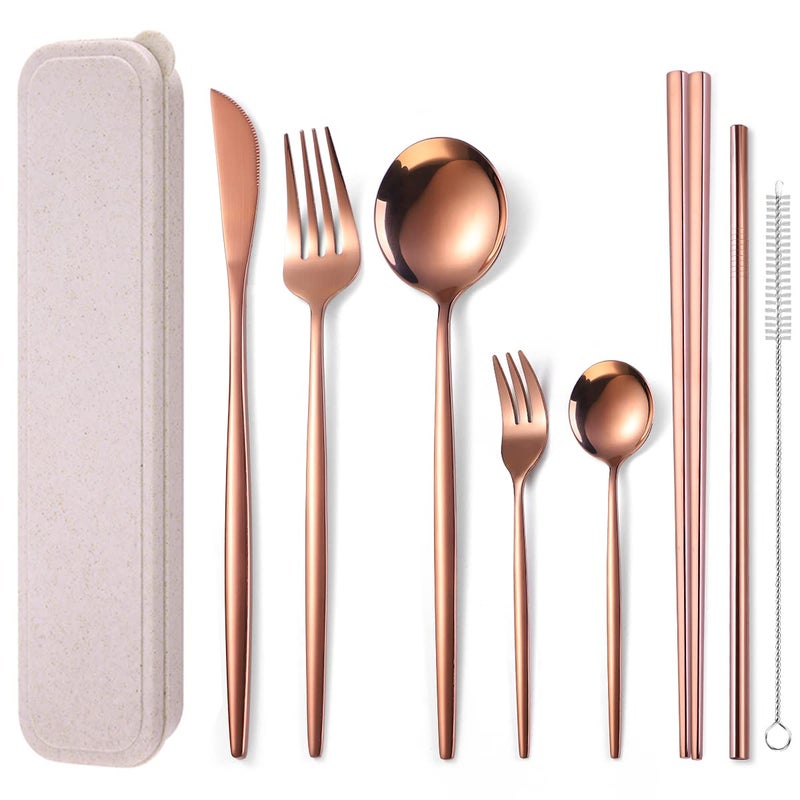 AARAINBOW 8 Pieces Stainless Steel Flatware Set Portable Reusable Cutlery Set Travel Utensils Set Including Chopsticks Knife Fork Spoon Straws Cleaning Brush Dishwasher Safe Rose Golden