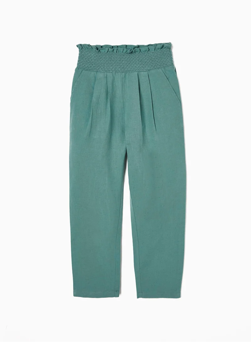 Zippy Zippy Cotton And Linen Paperbag Trousers For Girls Aqua Green