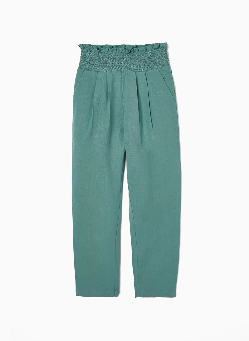 Zippy Zippy Cotton And Linen Paperbag Trousers For Girls Aqua Green