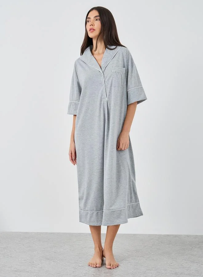 ستايلي Styli Contrast Piped Buttoned Midi Nightshirt