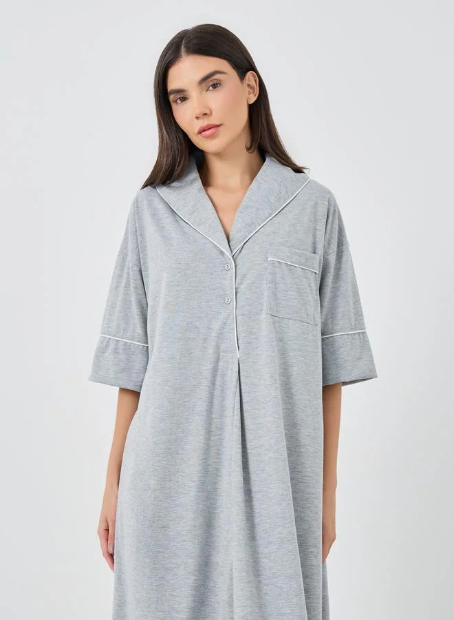 ستايلي Styli Contrast Piped Buttoned Midi Nightshirt