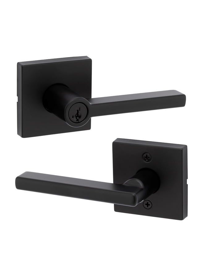 Kwikset مقبض باب مدخل غرفة التخزين هاليفاكس مع قفل ومفتاح، مقبض خارجي قابل للعكس وآمن، مدخل أمامي وغرف نوم، أسود غير لامع، مقاوم للفتح SMT وإعادة تأمين الأمان وMicroban - Image 1