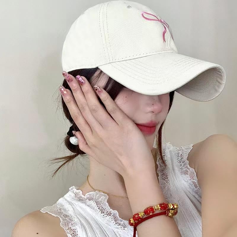 Sumleno Womens Trendy Cute Bow Baseball Cap Y2k Aesthetic Preppy Sun Cap Hiking Travel Trucker Hat Accessories (Beige Pink,one Size) - Image 2