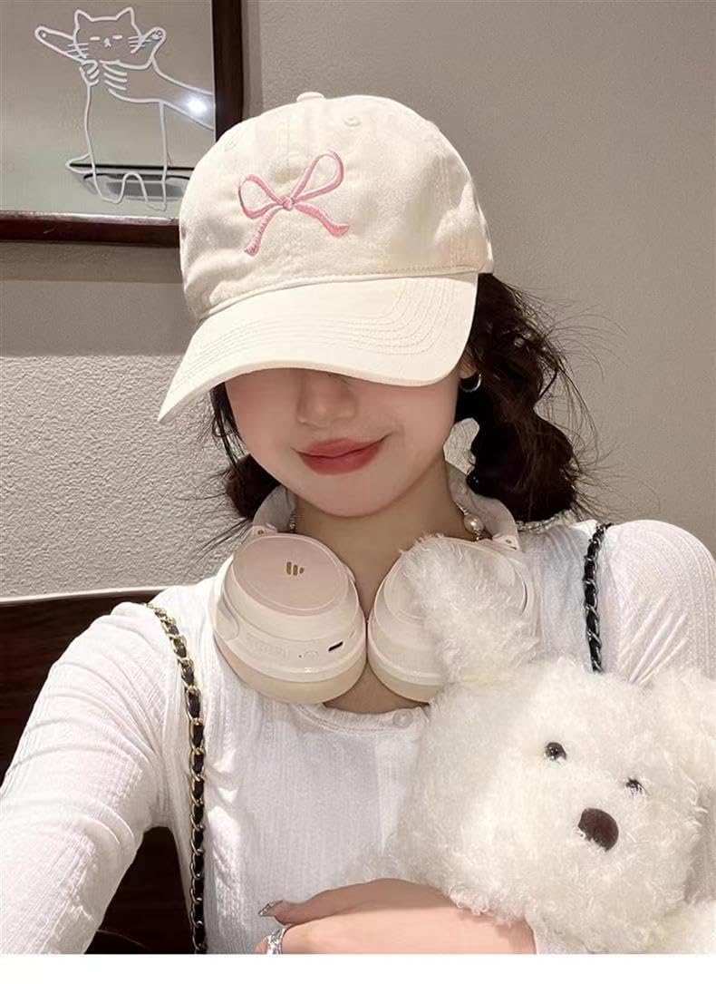 Sumleno Womens Trendy Cute Bow Baseball Cap Y2k Aesthetic Preppy Sun Cap Hiking Travel Trucker Hat Accessories (Beige Pink,one Size) - Image 3