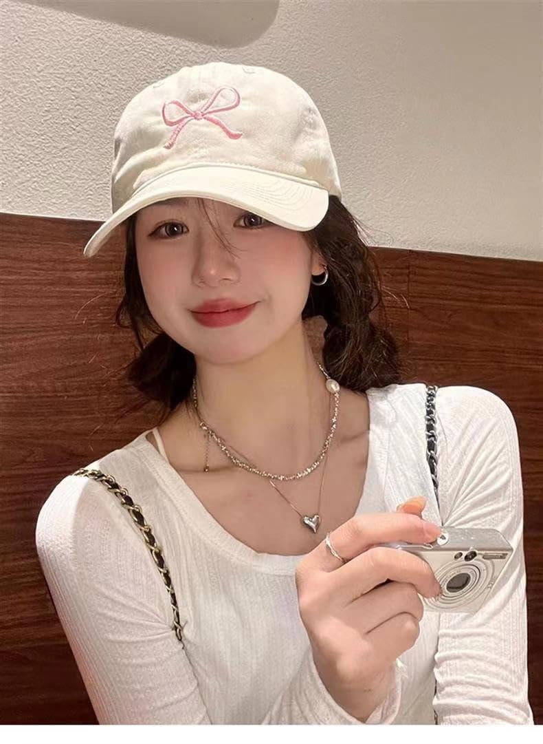Sumleno Womens Trendy Cute Bow Baseball Cap Y2k Aesthetic Preppy Sun Cap Hiking Travel Trucker Hat Accessories (Beige Pink,one Size) - Image 4