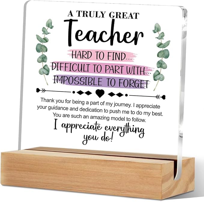 Bs amor Teacher Appreciation Gifts, Acrylic Plaque Signs with Wooden Stand Office Desk Decor, Thank You Gifts for Teacher from Students 5x4 Inches - Image 1