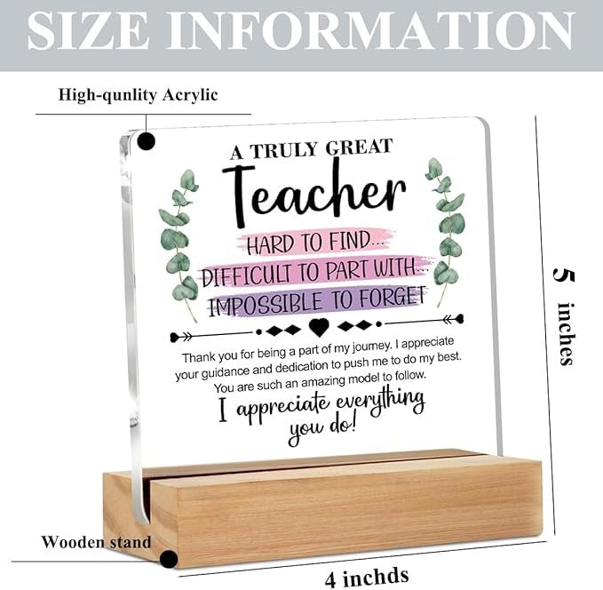 Bs amor Teacher Appreciation Gifts, Acrylic Plaque Signs with Wooden Stand Office Desk Decor, Thank You Gifts for Teacher from Students 5x4 Inches - Image 4