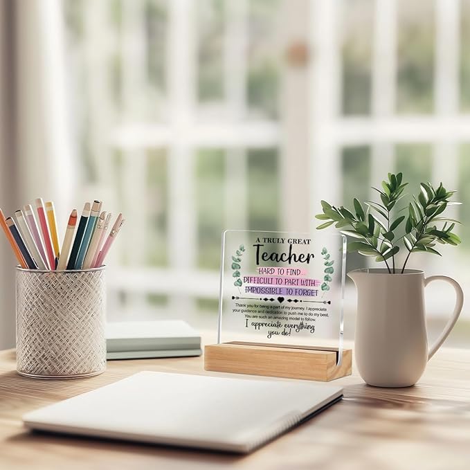 Bs amor Teacher Appreciation Gifts, Acrylic Plaque Signs with Wooden Stand Office Desk Decor, Thank You Gifts for Teacher from Students 5x4 Inches - Image 2