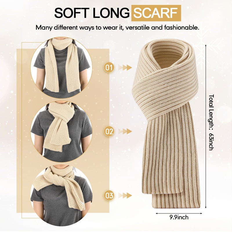 Breathffy 4 Pcs Winter Hat Scarf Gloves Headband Set Knit Beanie Touch Screen Gloves Long Scarf Valentine Gift for Women Men(Classic Style,Beige) - Image 3