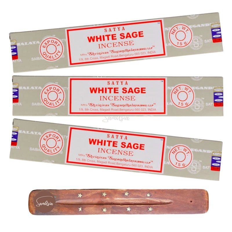 SAMASIA Satya Nag Champa White Sage Incense Sticks  x3 pack  with SAMASIA incense sticks holder  Used for Aromatherapy Spa Yoga Weddings Meditation Healing Positivity and Relaxation