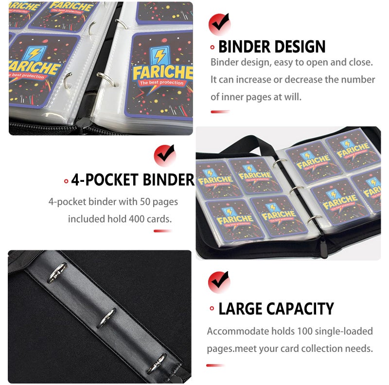 FARICHE Trading Card Binder for TCG Cards, 4-Pocket Portable Card Collector Ablum Holder Book Fits 400 Cards with 50 Removable Sleeve, Waterproof Card Binder Display Storage Carrying Cases -4 Color - Image 2