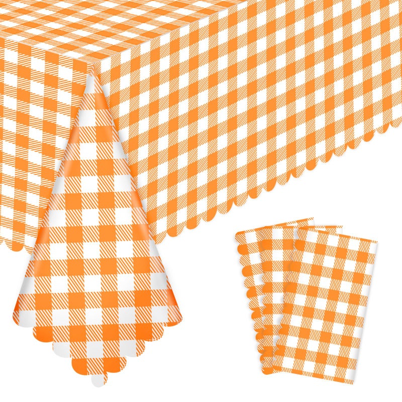 NatNarr 3 Pack Orange Gingham Tablecloth, 54 X 108Inch Plastic Orange Checkered Tablecloth Disposable Fall Tablecloth Waterproof Orange Plaid Tablecloth for Fall Halloween Thanksgiving Picnic - Image 1