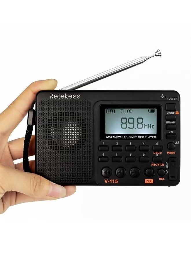 Retekess FM/AM/SW Radio Multiband Radio Receiver REC Recorder Bass Sound MP3 Player Speakers with Sleep Timer Black - Image 2