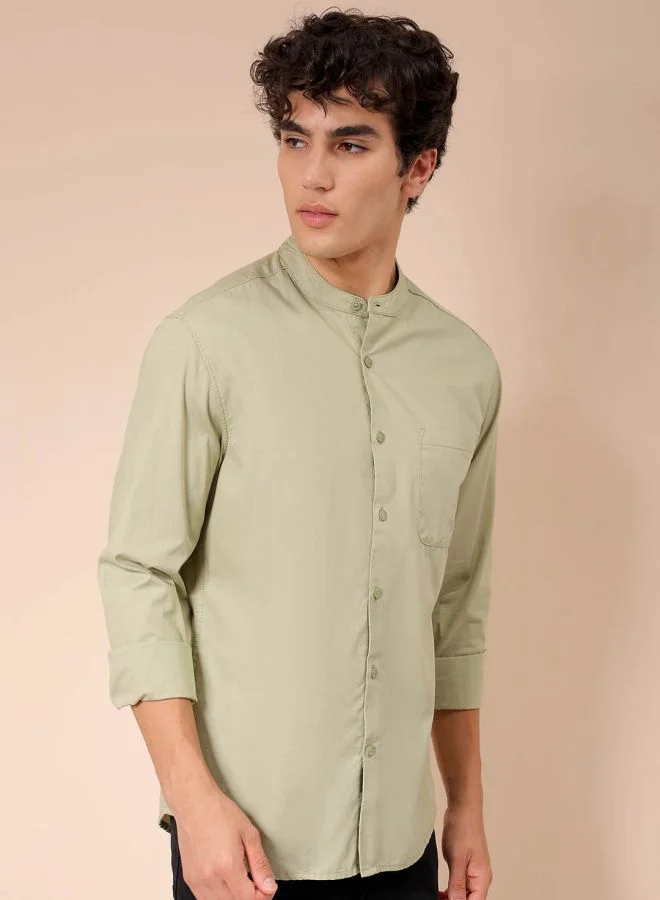 شركة المرآب الهندية Men Regular Fit Solid Full Sleeves Mandarin Collar Casual Shirt