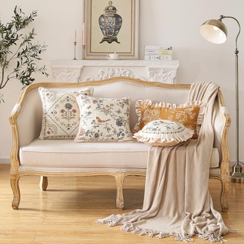 ISAENNE Design Floral Bird Linen Throw Pillow Covers Set of 4, Yellow Pink Cushion Covers with Flower Chinese Hwamei Decor Lumbar Round Square Pillowcases for Bed,Living Room,Outdoor,Car - Image 2