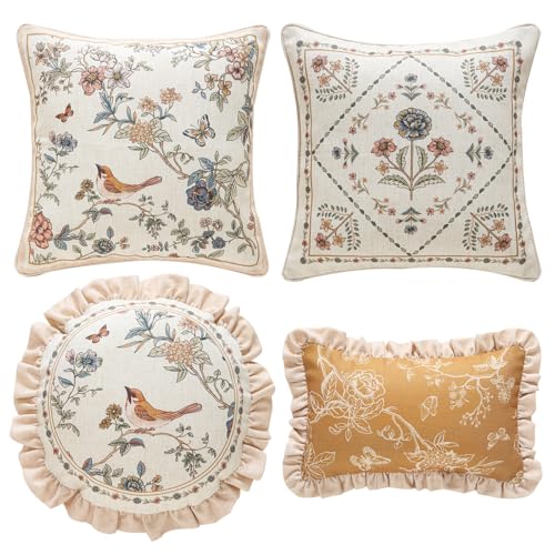 ISAENNE Design Floral Bird Linen Throw Pillow Covers Set of 4, Yellow Pink Cushion Covers with Flower Chinese Hwamei Decor Lumbar Round Square Pillowcases for Bed,Living Room,Outdoor,Car - Image 1