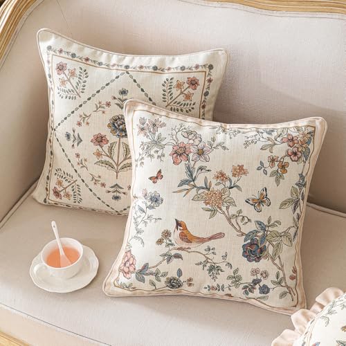 ISAENNE Design Floral Bird Linen Throw Pillow Covers Set of 4, Yellow Pink Cushion Covers with Flower Chinese Hwamei Decor Lumbar Round Square Pillowcases for Bed,Living Room,Outdoor,Car - Image 4