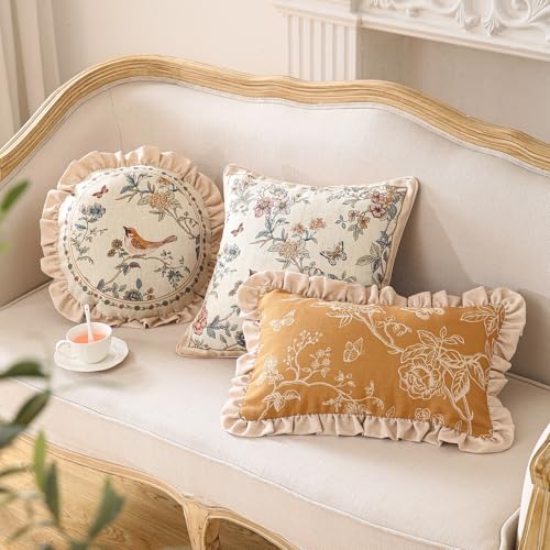 ISAENNE Design Floral Bird Linen Throw Pillow Covers Set of 4, Yellow Pink Cushion Covers with Flower Chinese Hwamei Decor Lumbar Round Square Pillowcases for Bed,Living Room,Outdoor,Car - Image 3