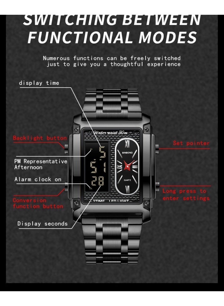 BINBOND Men's Square Dual-Movement Multi-Function Waterproof Quartz Watch - Image 5