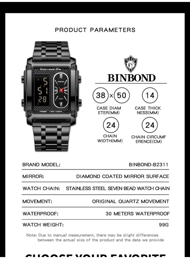 BINBOND Men's Square Dual-Movement Multi-Function Waterproof Quartz Watch - Image 4