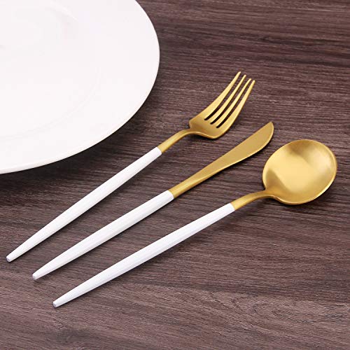Bysta Matte Gold Silverware Set with white handle, Bysta 5-Piece Stainless Steel Flatware Set, Kitchen Utensil Set Service for 1, Tableware Cutlery Set for Home and Restaurant, Satin Finish, Dishwasher Safe - Image 5