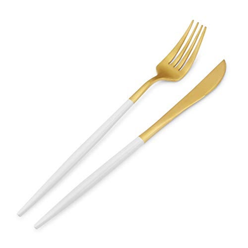 Bysta Matte Gold Silverware Set with white handle, Bysta 5-Piece Stainless Steel Flatware Set, Kitchen Utensil Set Service for 1, Tableware Cutlery Set for Home and Restaurant, Satin Finish, Dishwasher Safe - Image 3