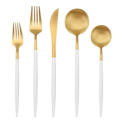 Bysta Matte Gold Silverware Set with white handle, Bysta 5-Piece Stainless Steel Flatware Set, Kitchen Utensil Set Service for 1, Tableware Cutlery Set for Home and Restaurant, Satin Finish, Dishwasher Safe - Image 1