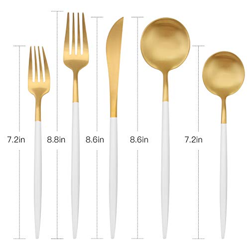 Bysta Matte Gold Silverware Set with white handle, Bysta 5-Piece Stainless Steel Flatware Set, Kitchen Utensil Set Service for 1, Tableware Cutlery Set for Home and Restaurant, Satin Finish, Dishwasher Safe - Image 2