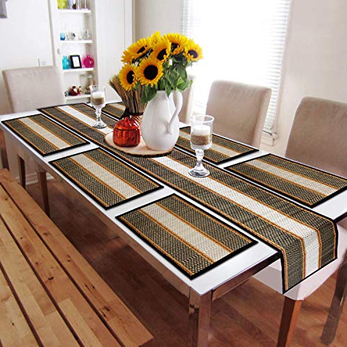 HOKIPO ® River Grass Natural Handcrafted Madurkathi Dining Table Runner 6 Seater with Mats (Black) - Image 1