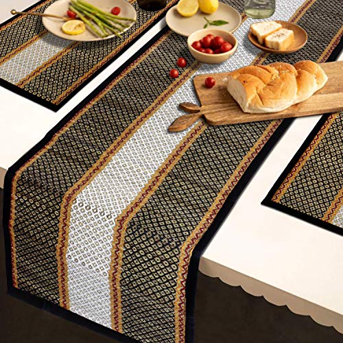 HOKIPO ® River Grass Natural Handcrafted Madurkathi Dining Table Runner 6 Seater with Mats (Black) - Image 2