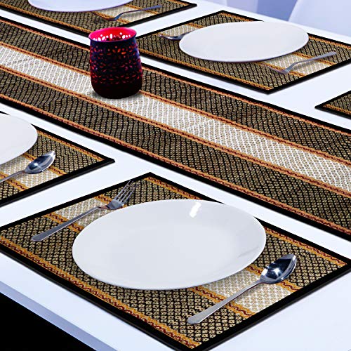 HOKIPO ® River Grass Natural Handcrafted Madurkathi Dining Table Runner 6 Seater with Mats (Black) - Image 3