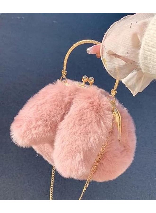 Executive LLC Cute Soft Rabbit Ear Sling Hand Bag With Smooth Zipper,Cross Body Bag For Girls,Clutch Purse with Gold Metal Chain Strap, Plush Side Bag, Shoulder hand Purse(Peach)  - Image 2