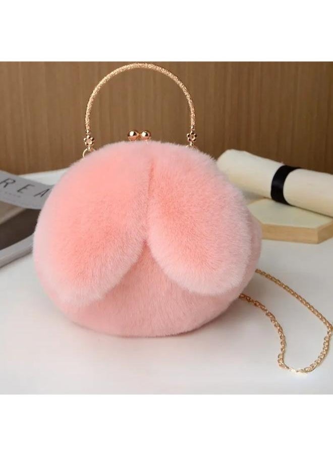 Executive LLC Cute Soft Rabbit Ear Sling Hand Bag With Smooth Zipper,Cross Body Bag For Girls,Clutch Purse with Gold Metal Chain Strap, Plush Side Bag, Shoulder hand Purse(Peach)  - Image 3