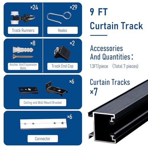 YMDparts Ceiling Curtain Track Room Divider Curtain Rods with Hooks Ceiling Mounted Rail Black Aluminum Alloy Suitable for Living Room Bedroom Bathroom 9FT - Image 3