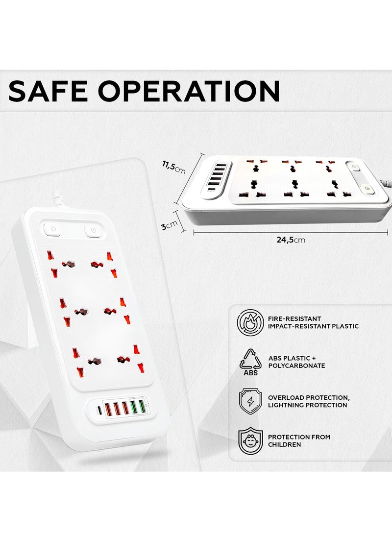 AMROAH - 2m Power Strip Extension Cord with Multiple Protector Outlets 6 Plug Outlets 5 USB 3.4A 1 USB-C, Universal Extension Wire with Charging Socet for Home Office Dorm Building Phones Tablets - Image 1
